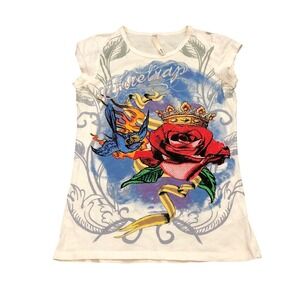 Y2K‎ Firetrap Graphic T Shirt S White Tattoo Art Rose Swallow Crown Embellished